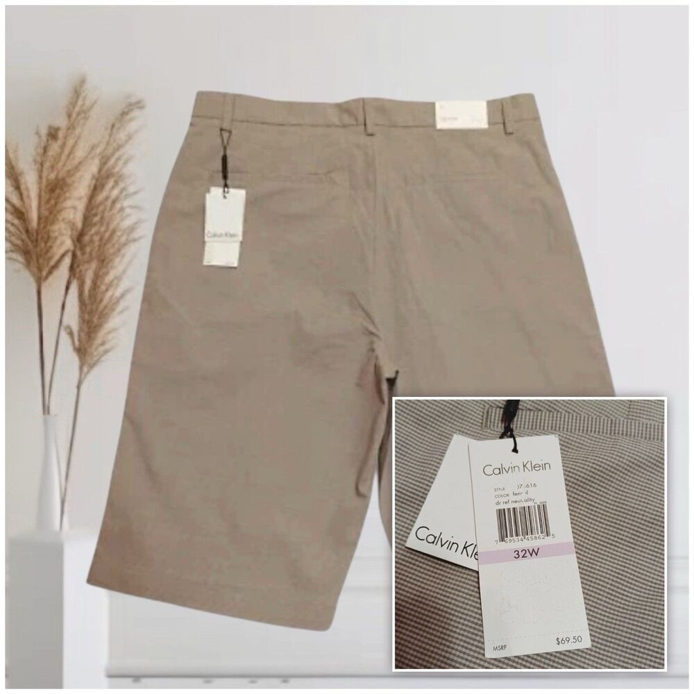 Calvin Klein Men's Size 32 Flat Front Beige Striped Lightweight Shorts
